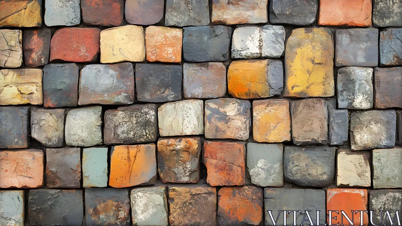 Rustic multicolored stone brick wall in close-up, textured style.