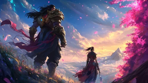 Armored warriors survey luminous cloud valley under chromatic sky