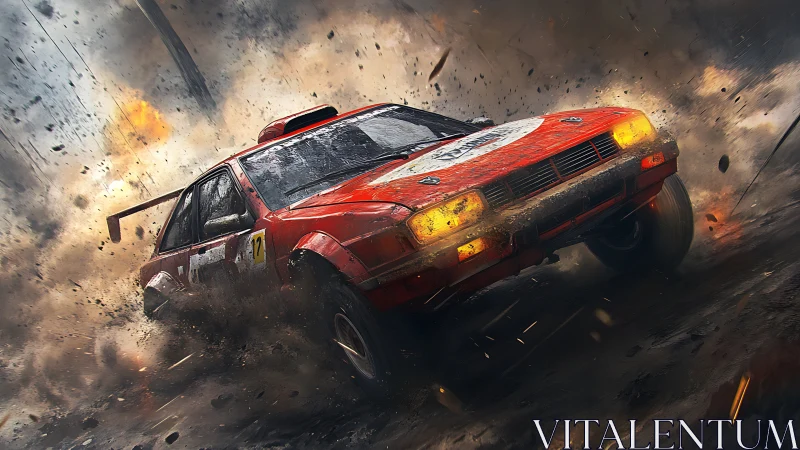 Rally car sliding through explosive dirt and stormy debris.