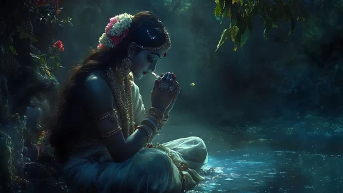 Nocturnal riverbank portrait uses rim lighting and soft volumetric haze