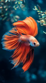 Orange betta fish swims in sharp focus against dark water