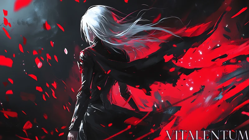 White haired figure in black coat framed by red streaks.