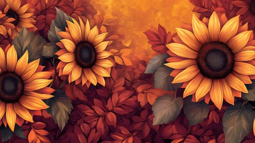 Sunflower array within high-saturation autumn foliage field.