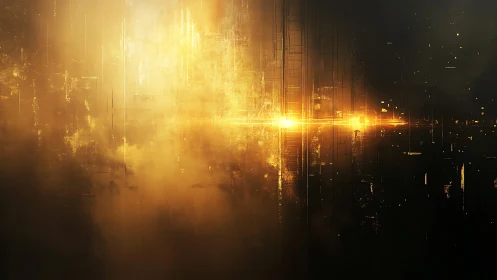 Futuristic golden cityscape with glowing digital effects, abstract art.