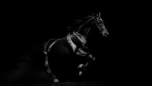 Black horse running in stark low key studio lighting.