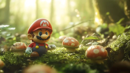 Cartoon plumber figure among mushrooms in forest light.