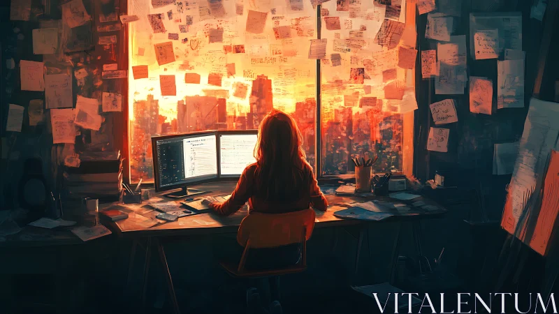 Focused creator at a glowing desk overlooking sunset city.