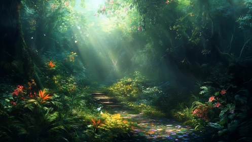 Illuminated jungle pathway with layered canopy and filtered sunlight