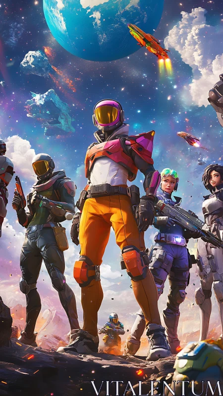 Starlit strike team rises beneath a blazing blue planet.