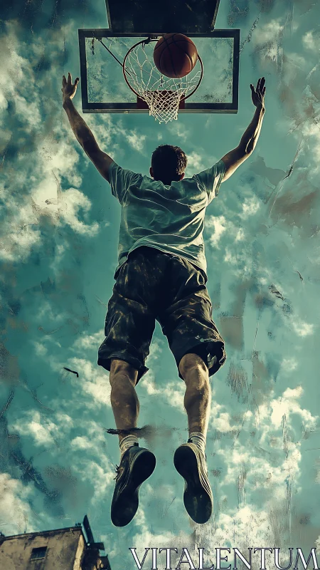 Backlit basketball dunk captured from low upward perspective