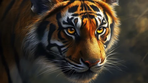 Golden-eyed tiger in quiet focus and painterly jungle light.