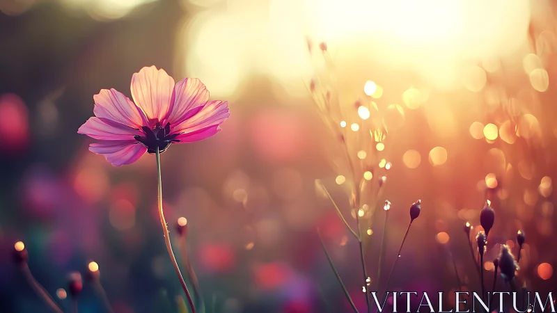 Single pink flower against warm sunset bokeh field.