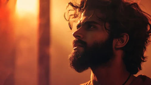 Sunlit profile of a bearded dreamer in molten dusk glow.