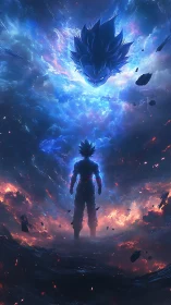 Anime warrior stands under cosmic energy storm sky.