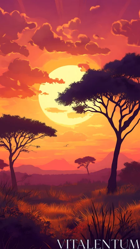 Layered savanna sunset with acacia silhouettes and volumetric sky