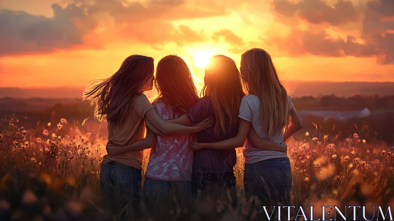 Four Friends Embracing at Sunset in a Lush Meadow, Impressionist Style.
