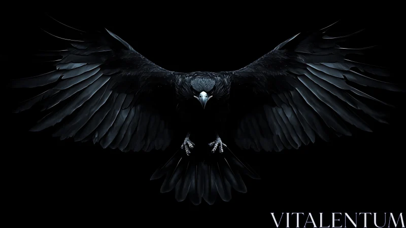 Photorealistic black raven with wings outstretched on void background.