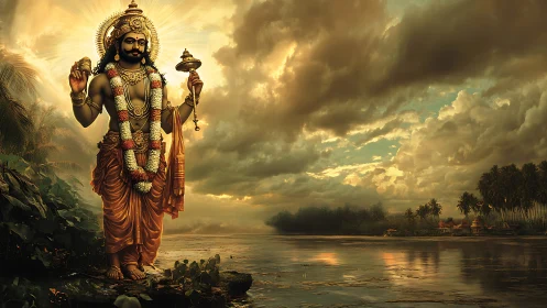 Divine river deity under stormlit sky with golden aura.