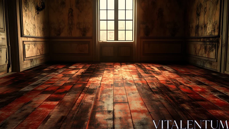 Empty decayed room with stained wooden floor and window.