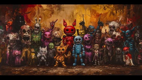 Grotesque animatronic monster lineup in grungy abstract hall