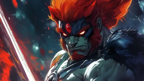 Blazing warlord with ember mane guarding a cosmic blade.