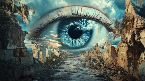 Gigantic crystalline iris surveying stratified ruin corridor.