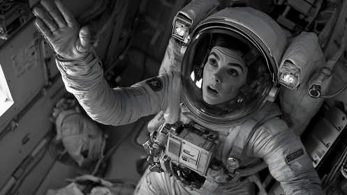 Astronaut reaches upward inside cramped spacecraft interior.