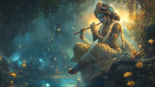 Divine blue-hued flutist in luminous forest nightscape