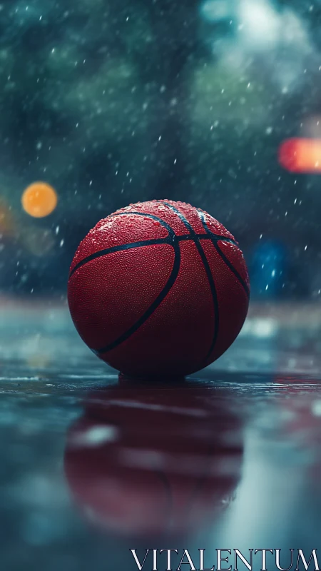 Lonely basketball rests on a rainy court with gentle city glow