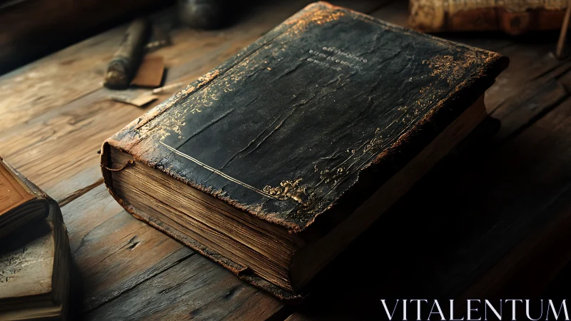 Weathered leather tome on rustic wooden desk in chiaroscuro.