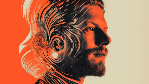 Profile portrait with abstract orange digital distortion.