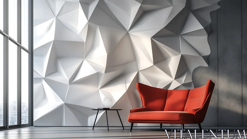 Red Sofa Against Abstract Geometric Wall in Modern Interior