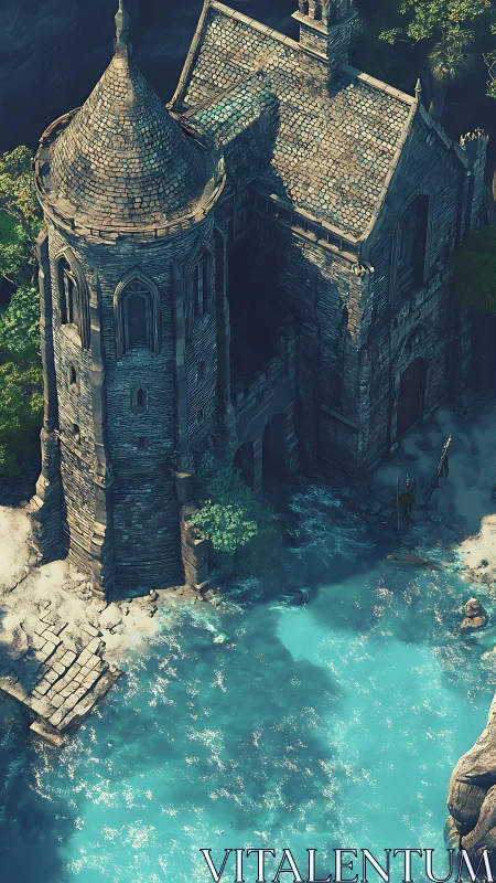 Turret Tower Architecture Over Turquoise Cascading Water Flow