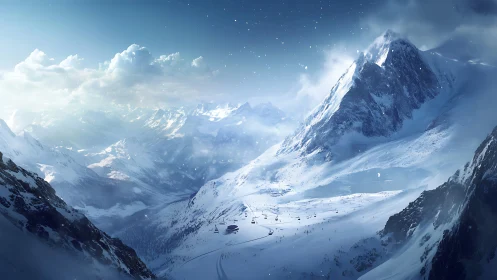 Snowy alpine peaks overlook a tranquil winter ski resort.