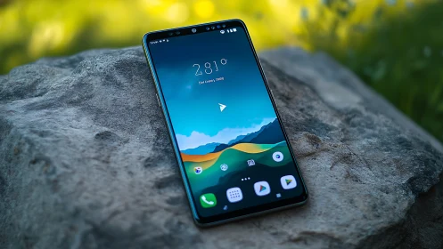 Smartphone Rests on Stone with Mountain Landscape Display.