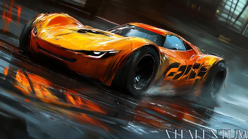 Orange futuristic race car drifting on wet city street.