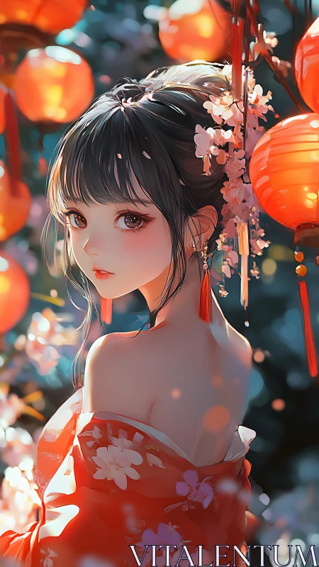 Lanternlit blossom maiden turning toward twilight secrets.