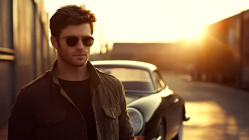 Sunset-laced cool as a lone driver guards his vintage coupe.