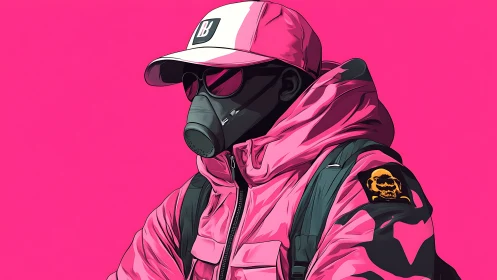 Neon pink urban rider in tactical respirator profile study.