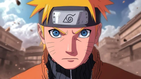 Animated blond ninja portrait with village background.