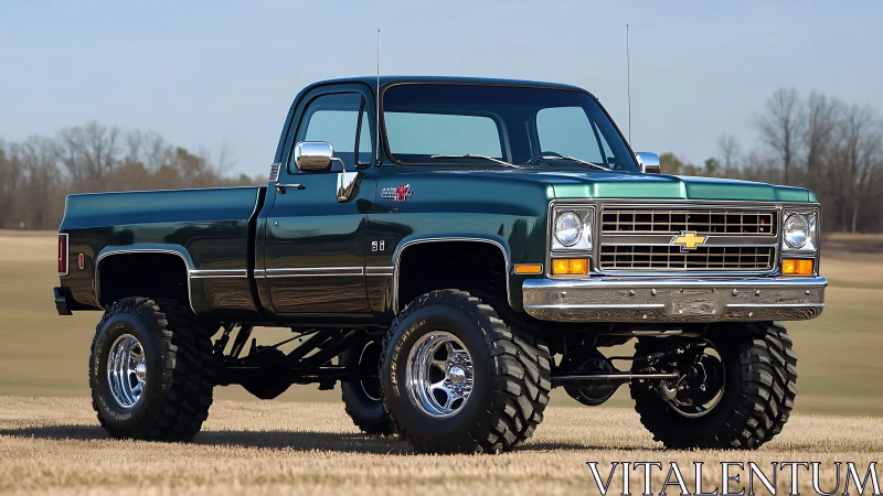 Lifted classic Chevy pickup truck with deep green paint