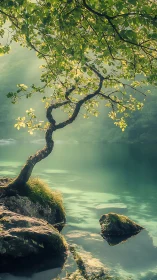 Curved lakeside tree leans into misty turquoise quiet