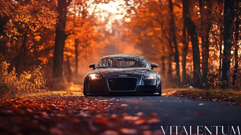 Autumn fire road crowns sleek black coupe with glowing speed.