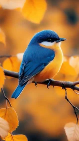 Blue songbird rests among glowing golden autumn leaves.