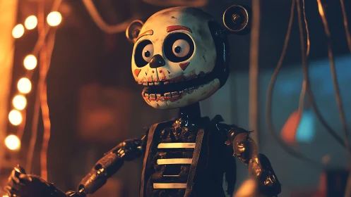 Grinning animatronic bear skeleton smolders in carnival gloom.