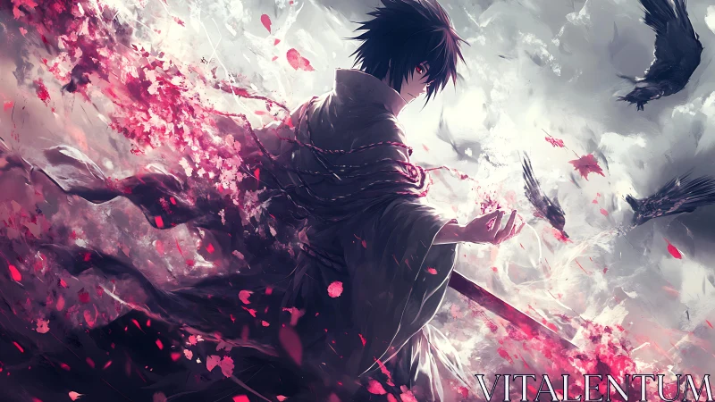 Stormbound swordsman dissolves in crimson petals and crows.