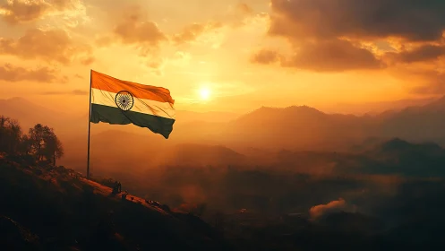 Indian national flag above hilly landscape at sunset time.