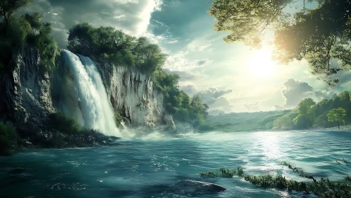 Sunlit emerald waterfall cove with misty river glow.