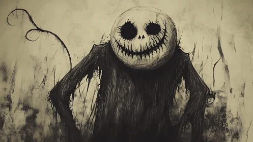 Grinning shadow creature amid dripping monochrome forest.