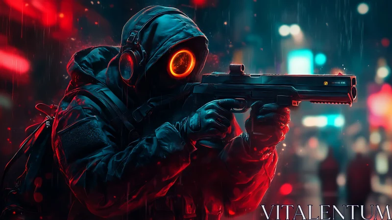 Hooded shooter with neon visor in rainy cyberpunk street.